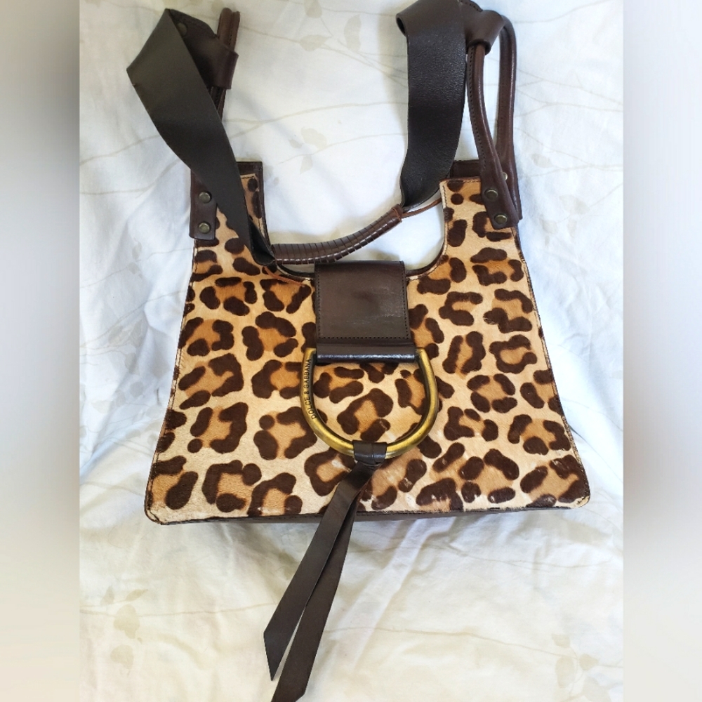 Dolce & Gabbana Authentic Vintage Cheetah Faux Fur Leather Brown Handbag Purse